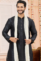 Black Art Silk Plain Kurta Pajama with Stole Scarf for Men for Festivals & Wedding
