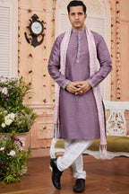 Purple Art Silk Plain Kurta Pajama with Stole Scarf for Men for Festivals & Wedding