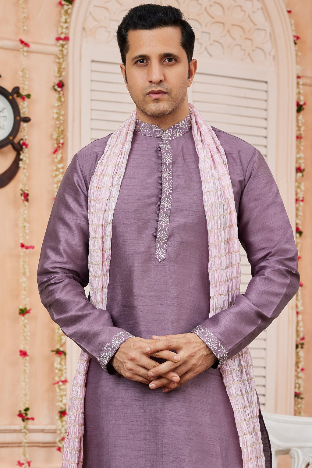 Purple Art Silk Plain Kurta Pajama with Stole Scarf for Men for Festivals & Wedding