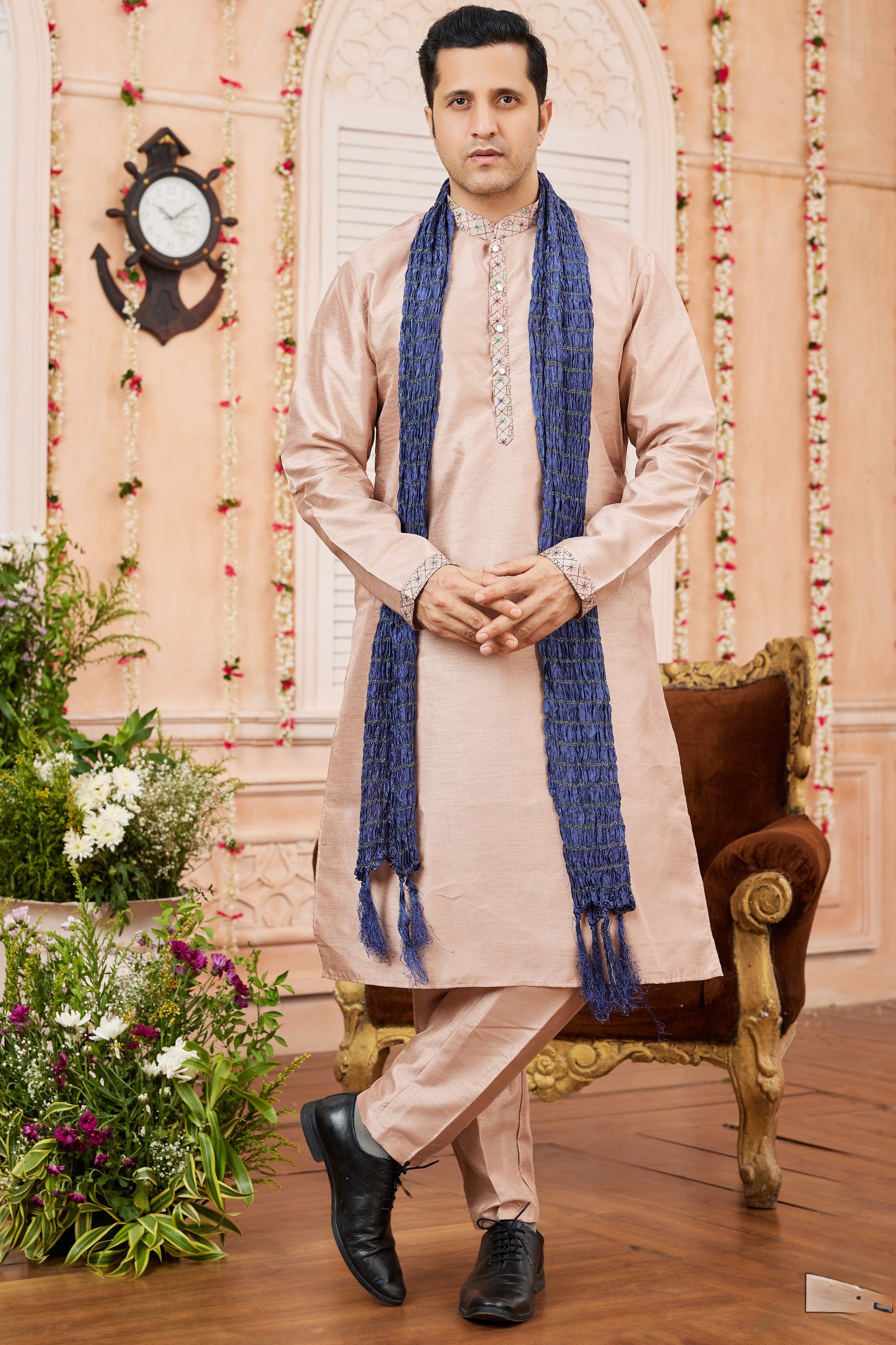 Peach Art Silk Plain Kurta Pajama with Stole Scarf for Men for Festivals & Wedding