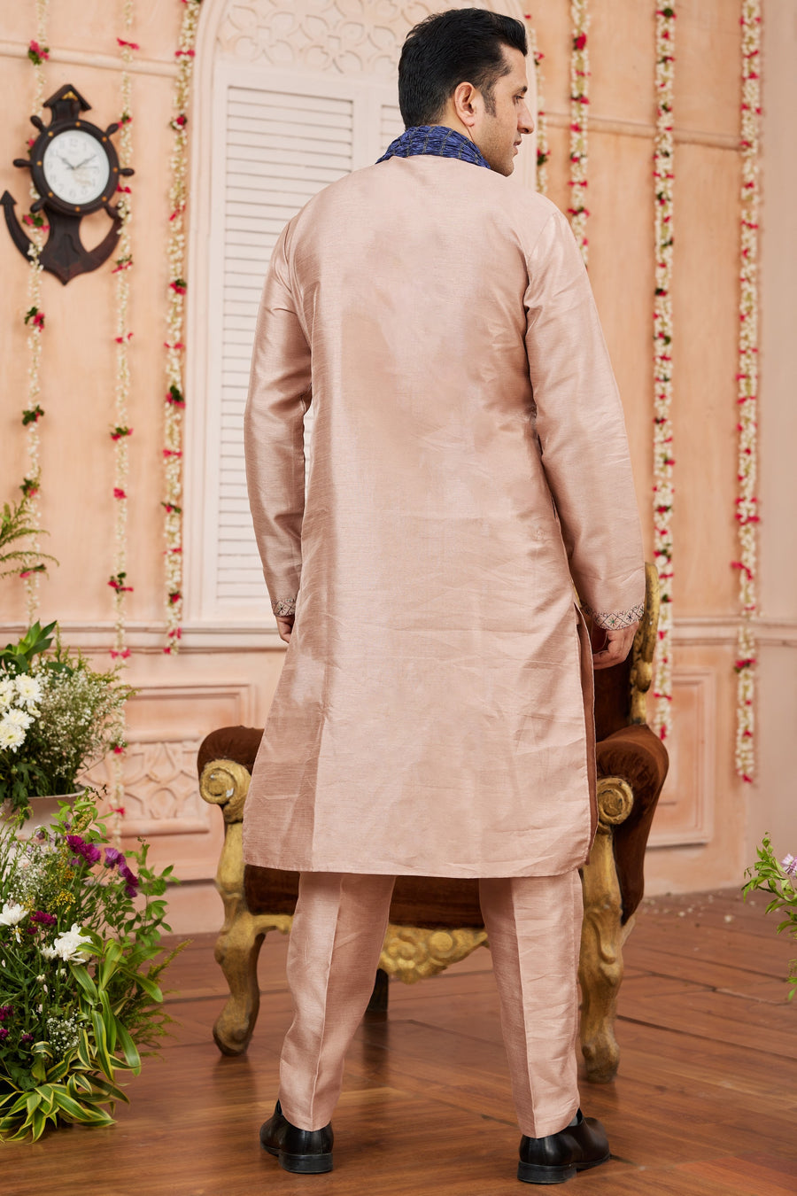 Peach Art Silk Plain Kurta Pajama with Stole Scarf for Men for Festivals & Wedding