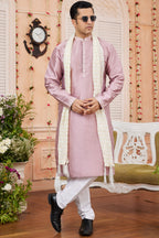 Pastel Pink Art Silk Plain Kurta Pajama with Stole Scarf for Men for Festivals & Wedding
