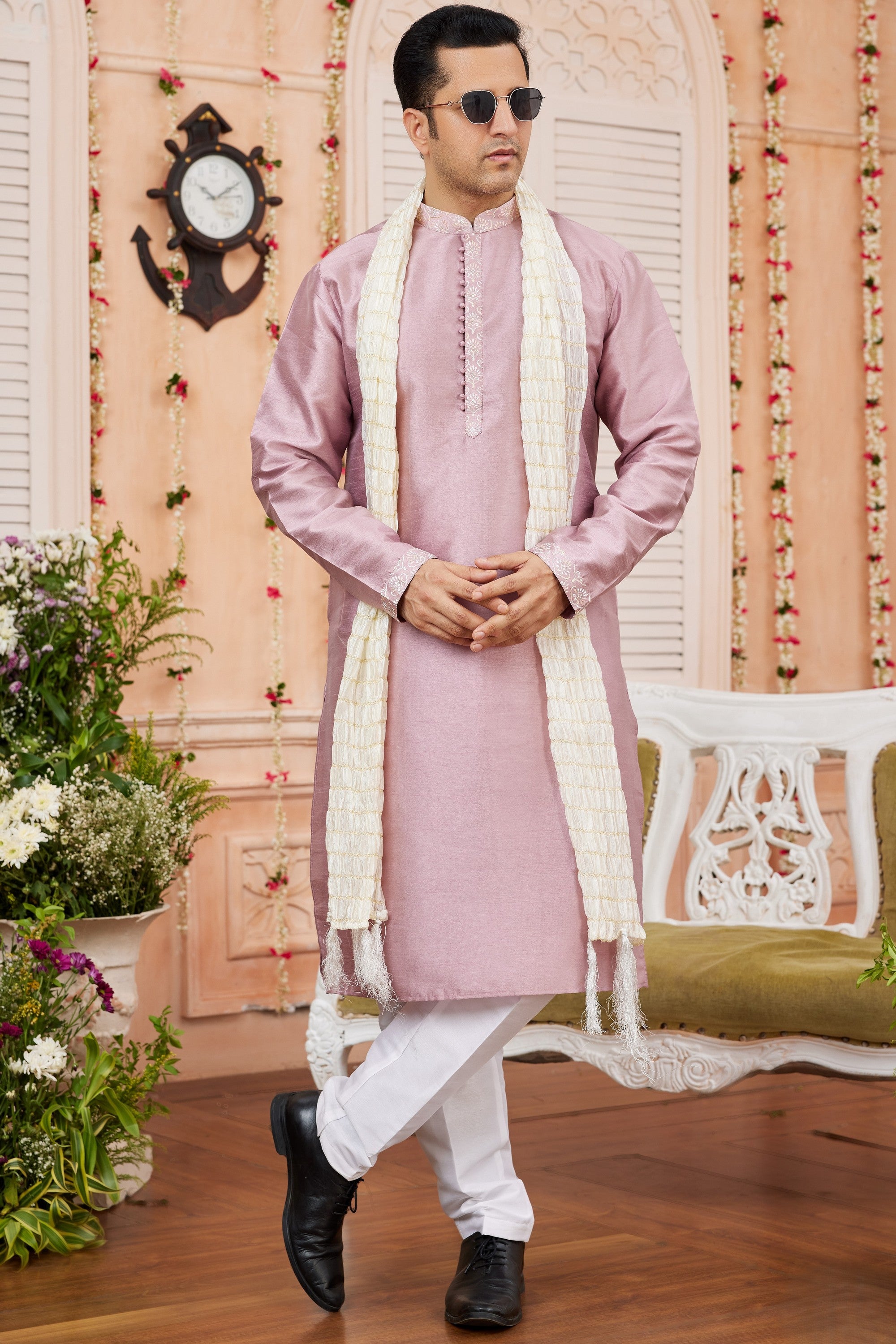Pastel Pink Art Silk Plain Kurta Pajama with Stole Scarf for Men for Festivals & Wedding