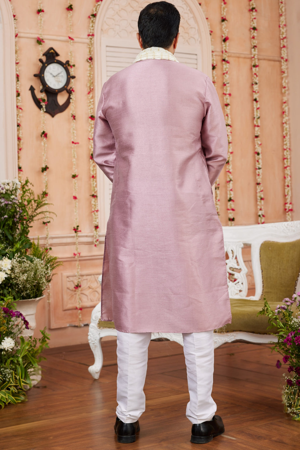 Pastel Pink Art Silk Plain Kurta Pajama with Stole Scarf for Men for Festivals & Wedding