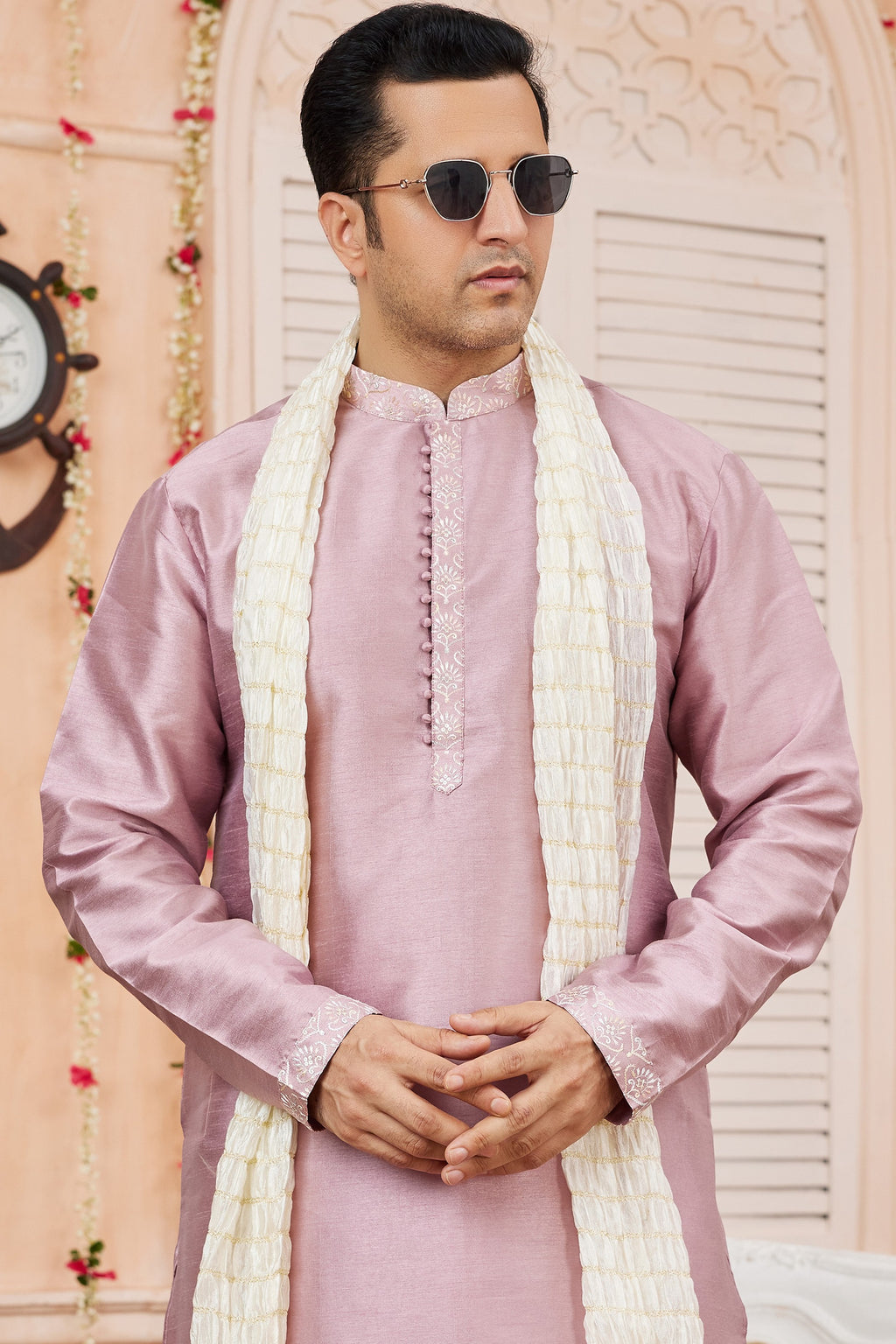 Pastel Pink Art Silk Plain Kurta Pajama with Stole Scarf for Men for Festivals & Wedding
