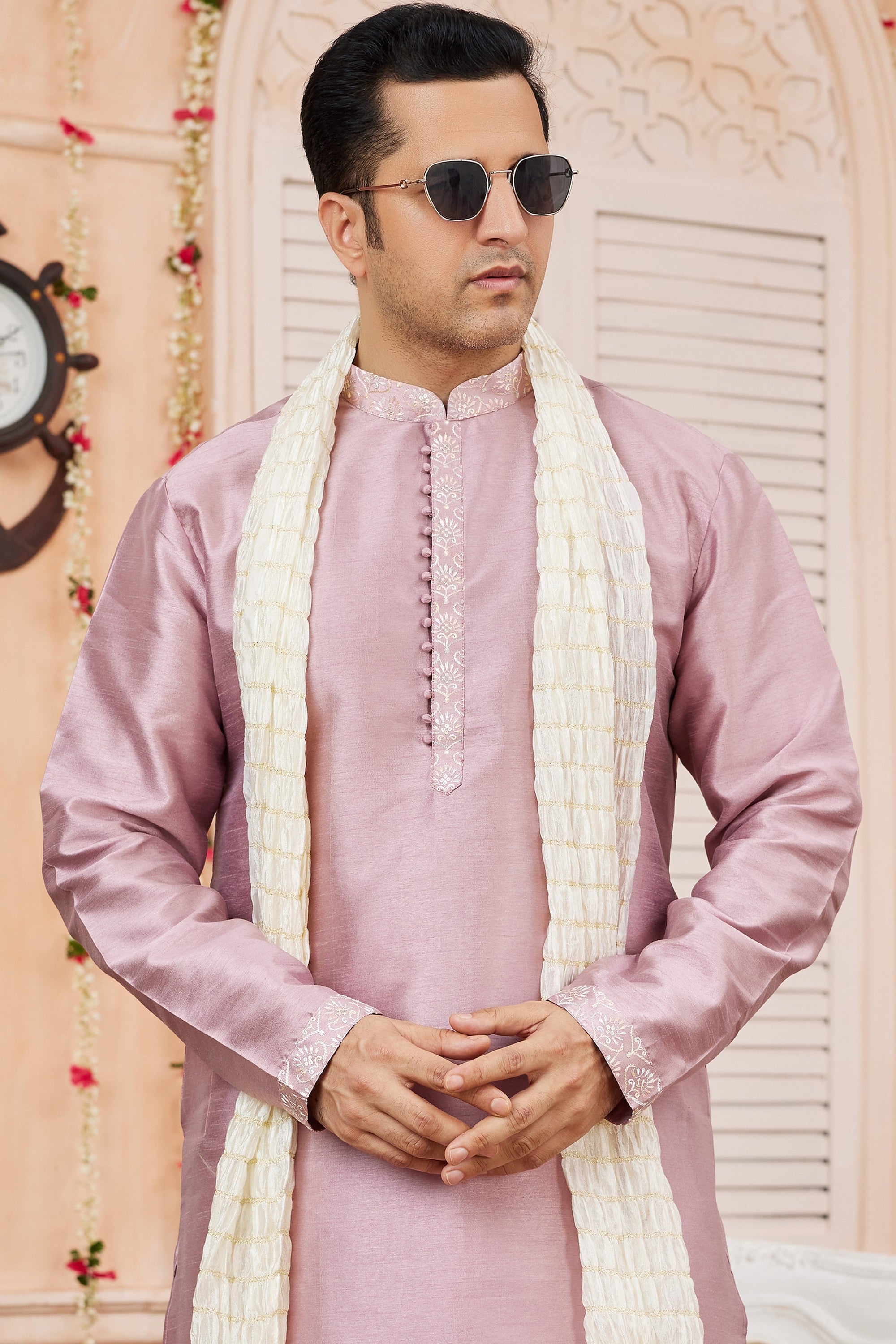 Pastel Pink Art Silk Plain Kurta Pajama with Stole Scarf for Men for Festivals & Wedding