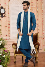 Blue Art Silk Plain Kurta Pajama with Stole Scarf for Men for Festivals & Wedding