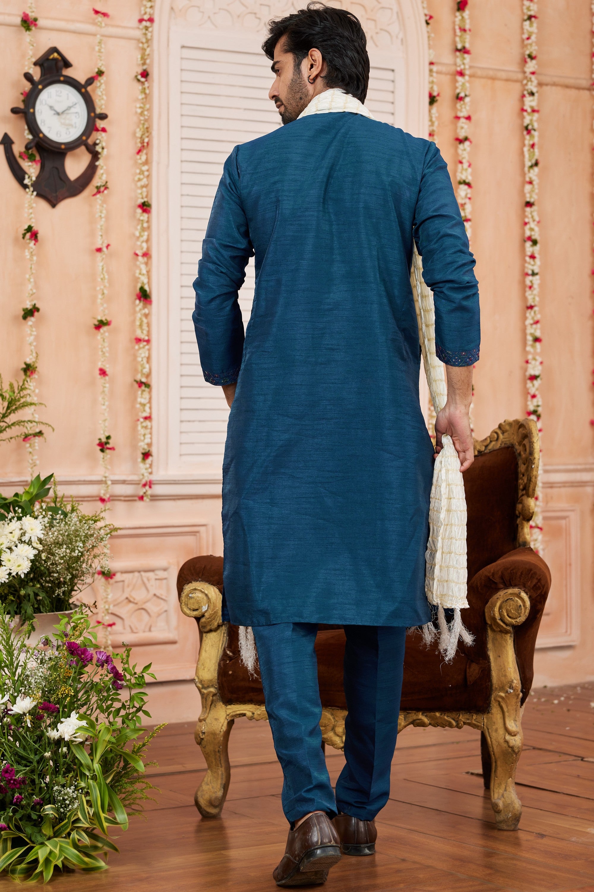 Blue Art Silk Plain Kurta Pajama with Stole Scarf for Men for Festivals & Wedding