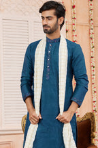 Blue Art Silk Plain Kurta Pajama with Stole Scarf for Men for Festivals & Wedding
