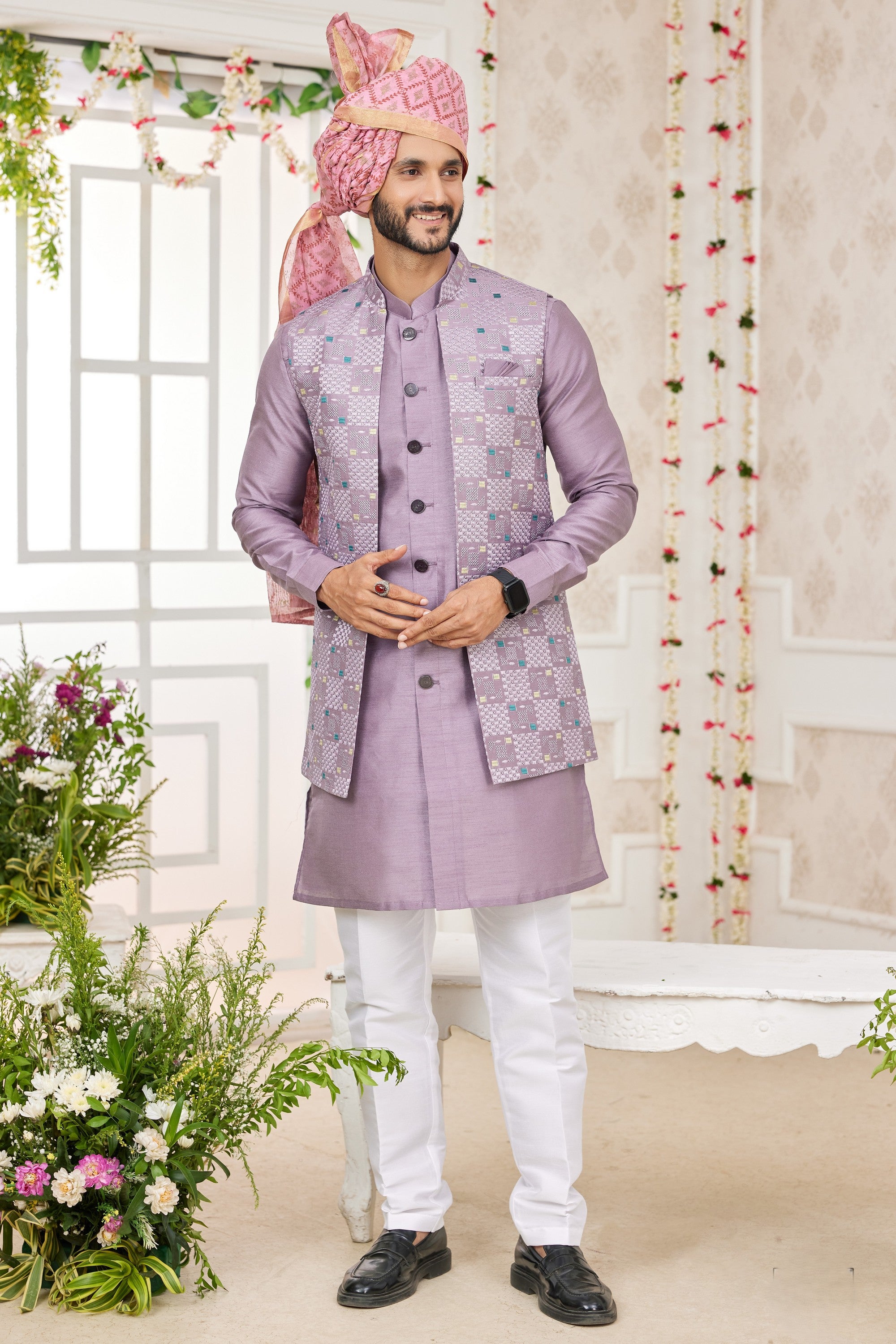 Light Purple Art Silk Kurta Pajama with Waistcoat Jacket for Men for Festivals & Wedding - Embroidery Work