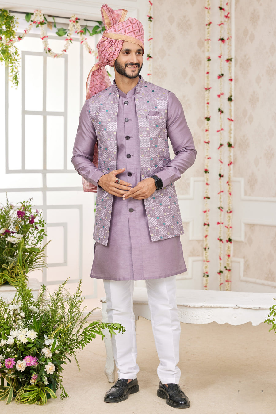 Light Purple Art Silk Kurta Pajama with Waistcoat Jacket for Men for Festivals & Wedding - Embroidery Work