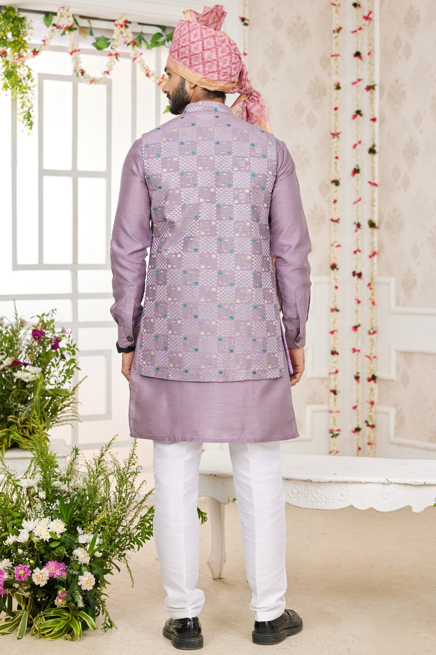Light Purple Art Silk Kurta Pajama with Waistcoat Jacket for Men for Festivals & Wedding - Embroidery Work