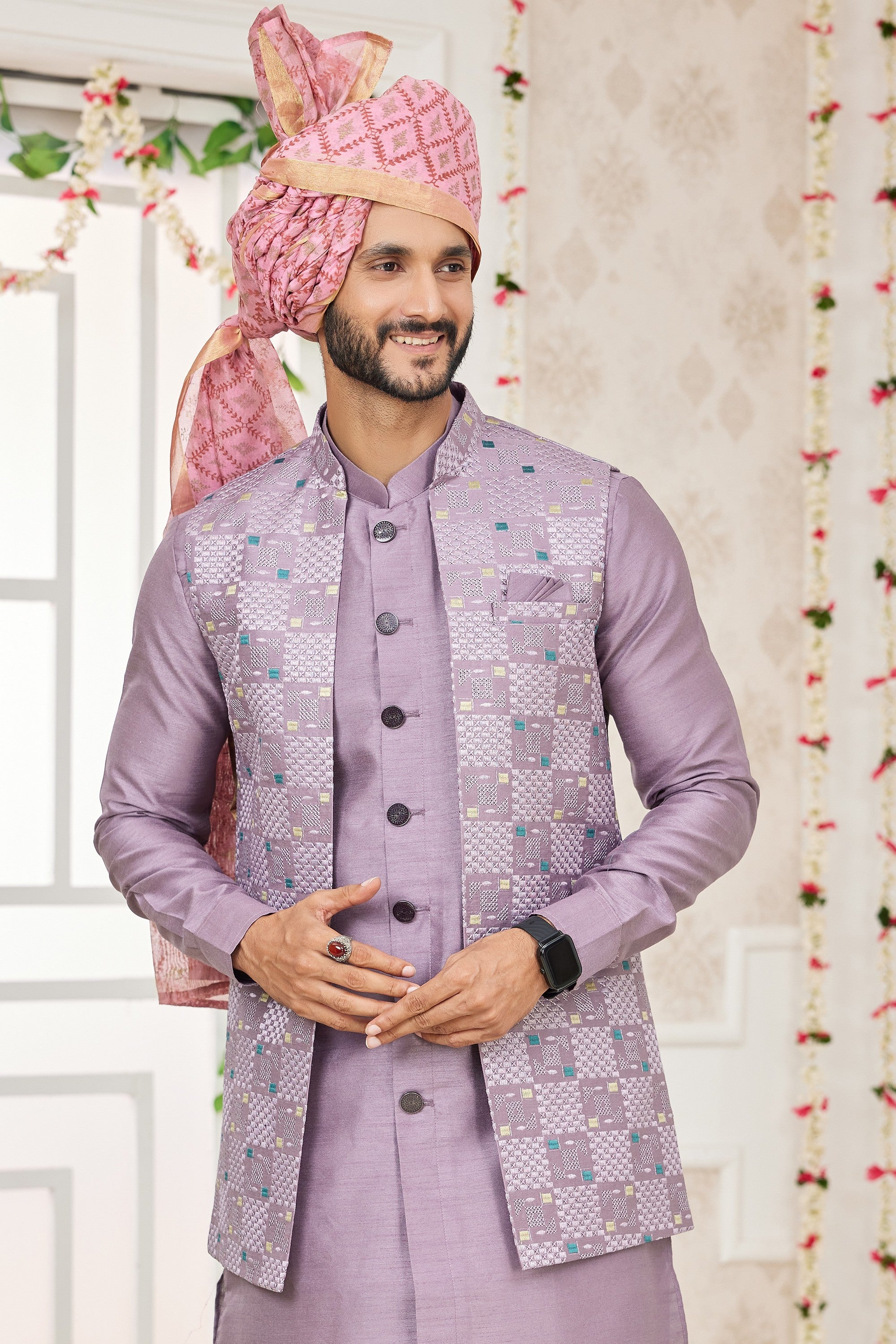 Light Purple Art Silk Kurta Pajama with Waistcoat Jacket for Men for Festivals & Wedding - Embroidery Work