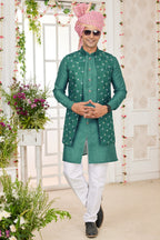 Green Art Silk Kurta Pajama with Waistcoat Jacket for Men for Festivals & Wedding - Embroidery Work