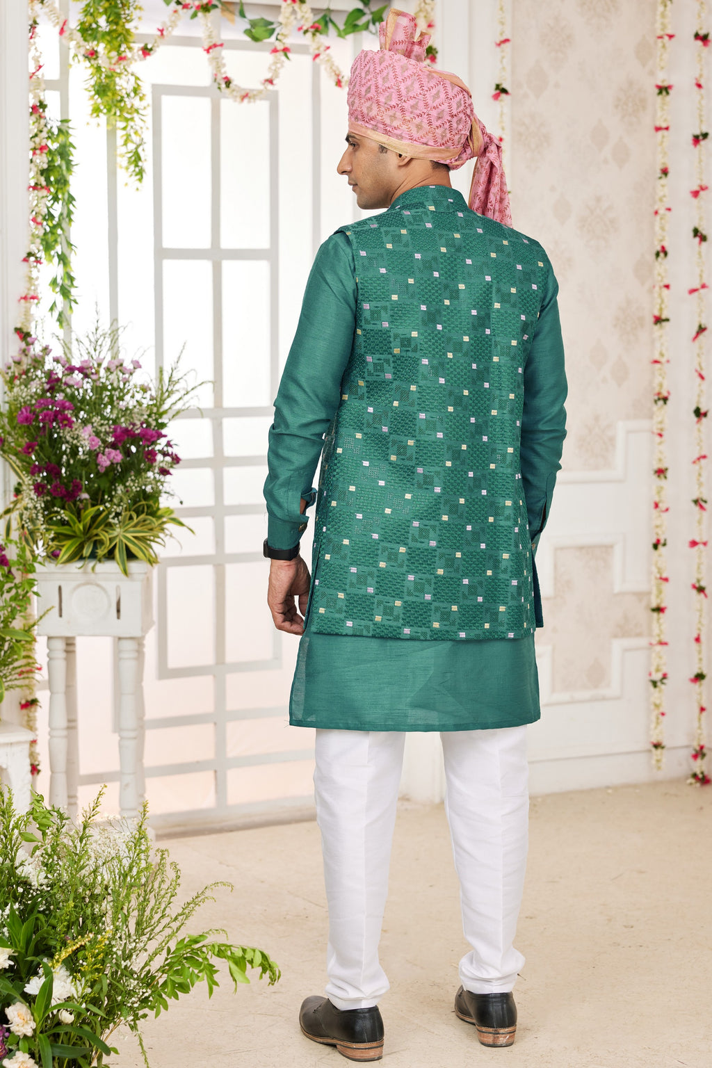 Green Art Silk Kurta Pajama with Waistcoat Jacket for Men for Festivals & Wedding - Embroidery Work