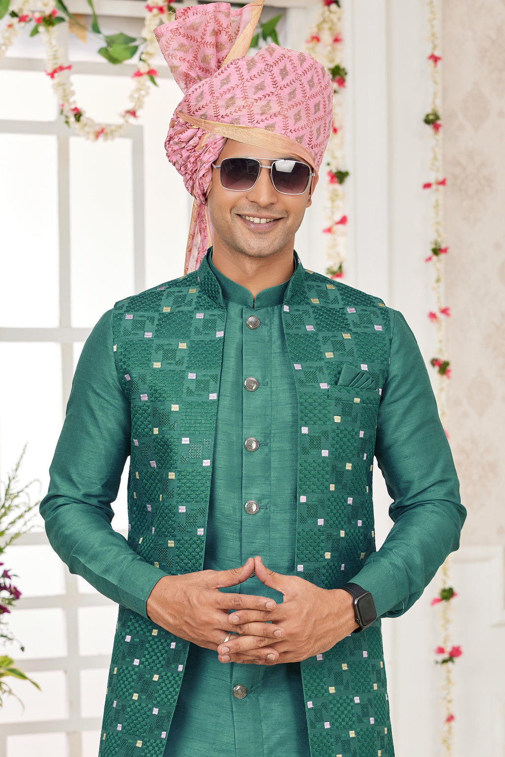 Green Art Silk Kurta Pajama with Waistcoat Jacket for Men for Festivals & Wedding - Embroidery Work