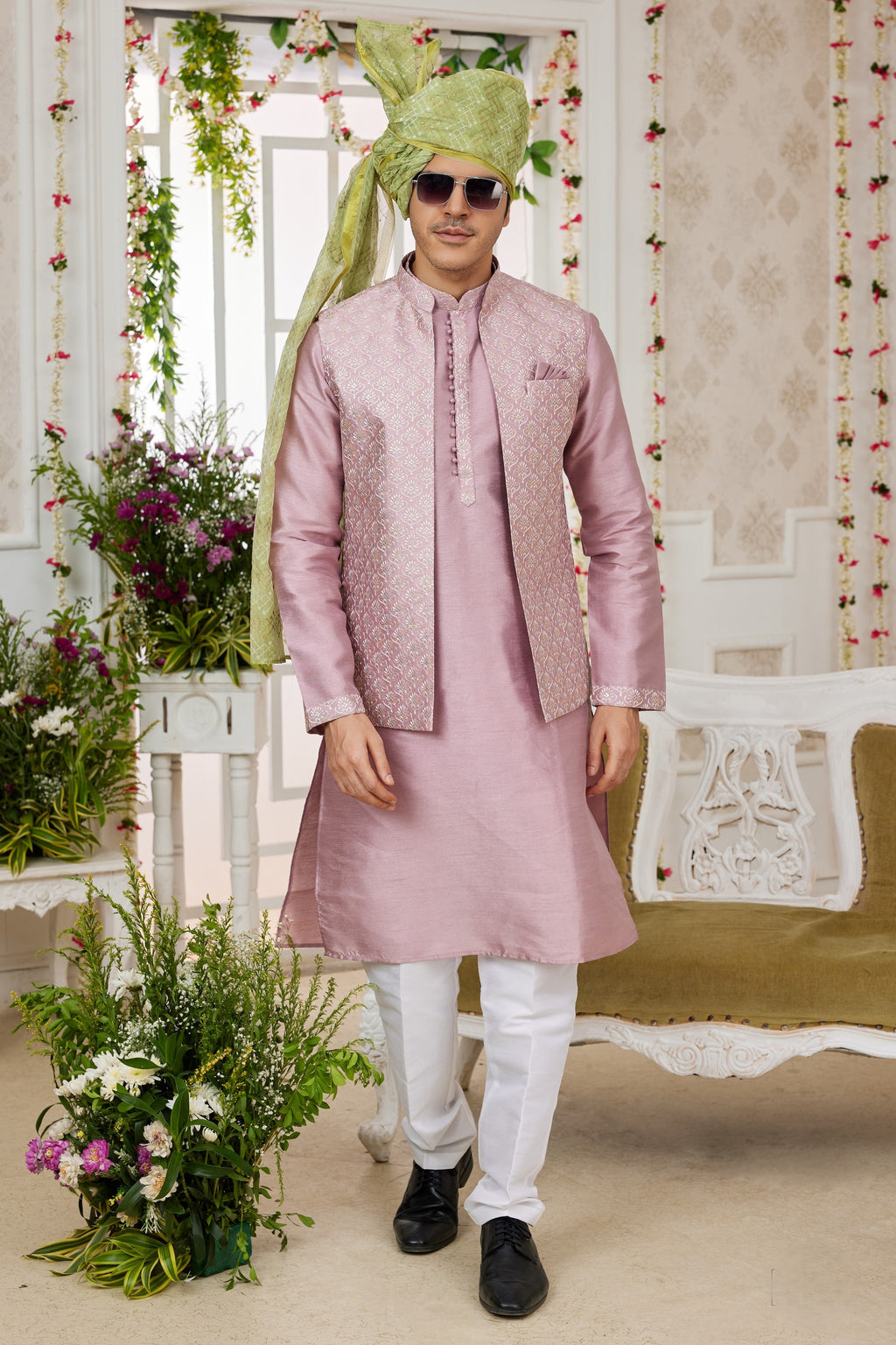 Pale Pink Art Silk Kurta Pajama with Waistcoat Jacket for Men for Festivals & Wedding - Embroidery Work