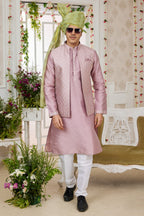 Pale Pink Art Silk Kurta Pajama with Waistcoat Jacket for Men for Festivals & Wedding - Embroidery Work