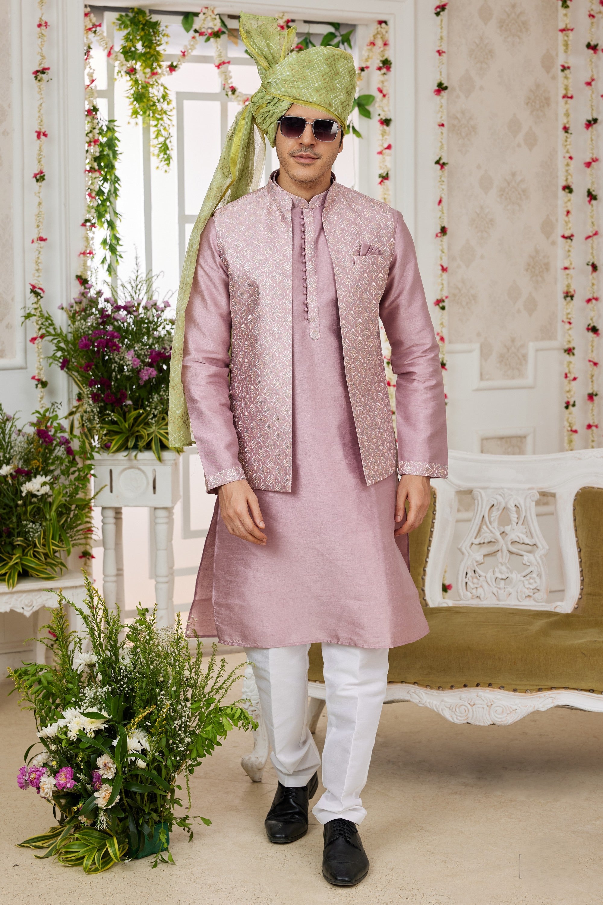Pale Pink Art Silk Kurta Pajama with Waistcoat Jacket for Men for Festivals & Wedding - Embroidery Work