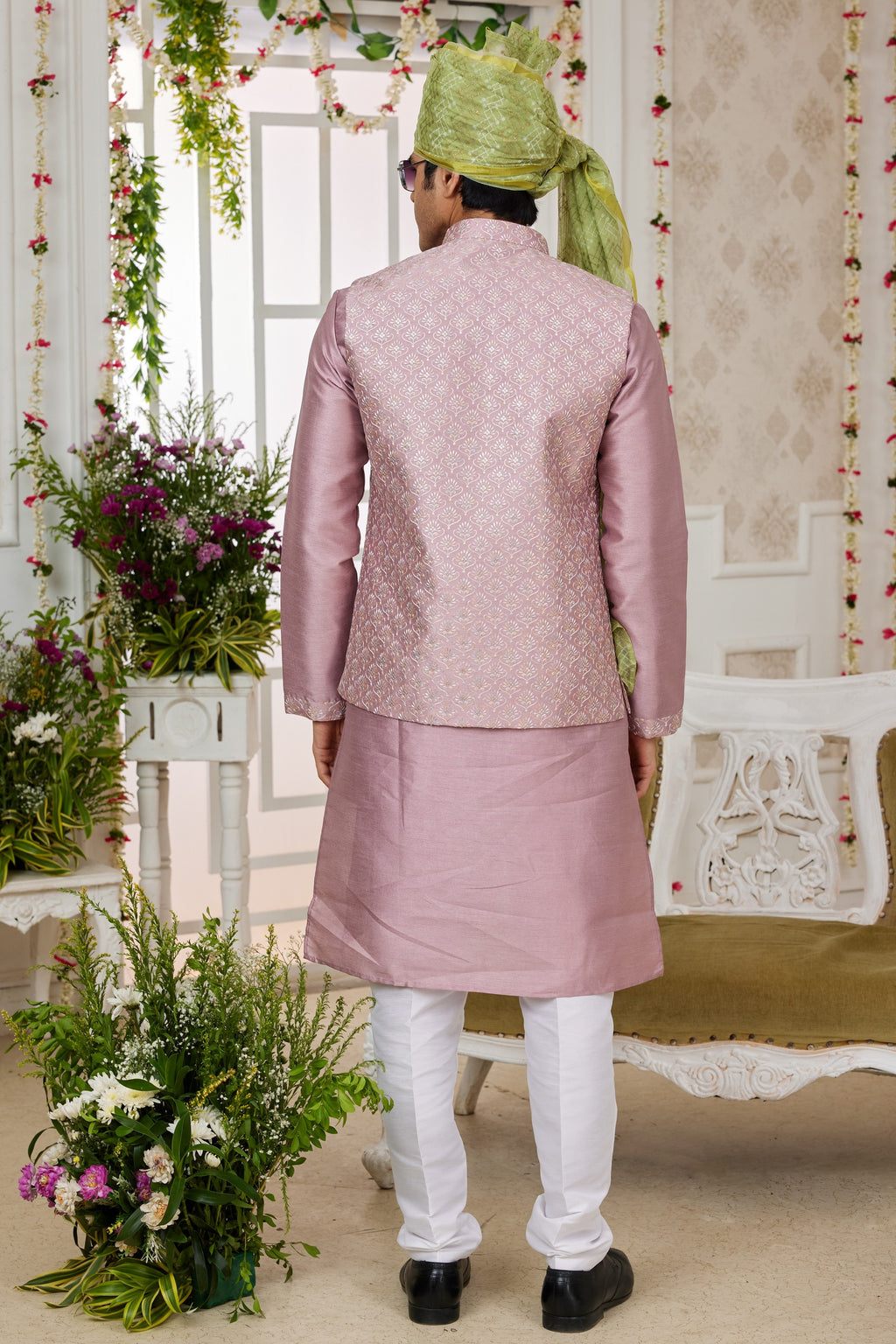 Pale Pink Art Silk Kurta Pajama with Waistcoat Jacket for Men for Festivals & Wedding - Embroidery Work