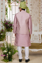 Pale Pink Art Silk Kurta Pajama with Waistcoat Jacket for Men for Festivals & Wedding - Embroidery Work