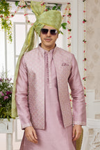 Pale Pink Art Silk Kurta Pajama with Waistcoat Jacket for Men for Festivals & Wedding - Embroidery Work