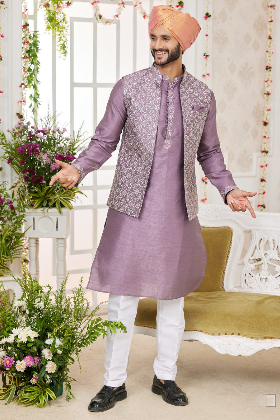 Purple Art Silk Kurta Pajama with Waistcoat Jacket for Men for Festivals & Wedding - Embroidery Work