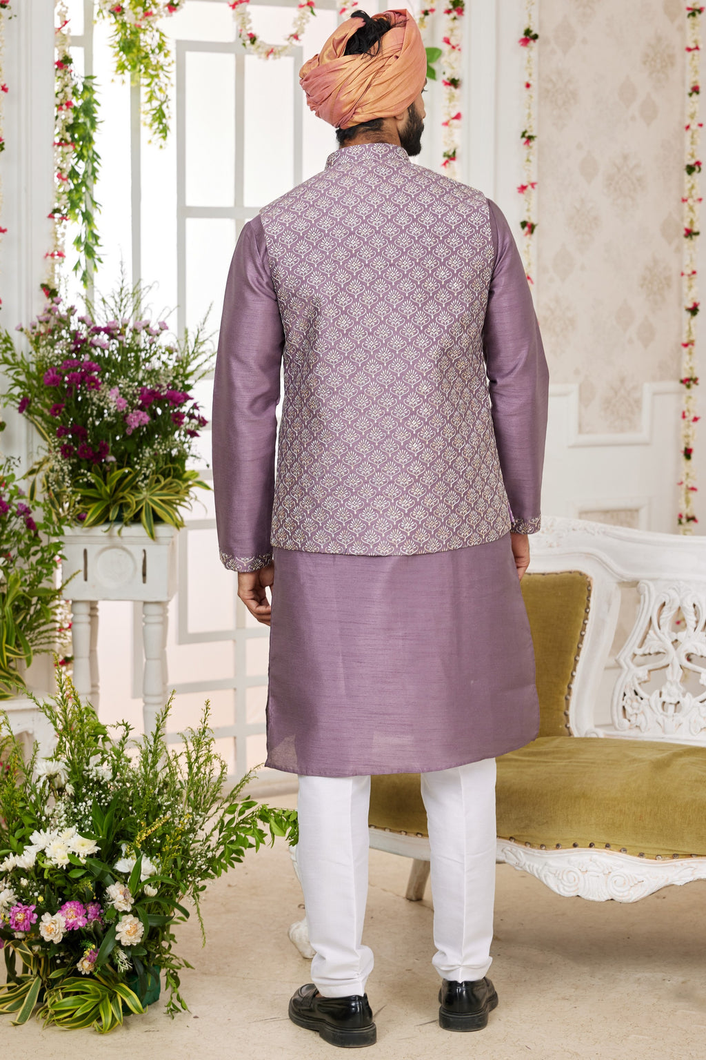 Purple Art Silk Kurta Pajama with Waistcoat Jacket for Men for Festivals & Wedding - Embroidery Work