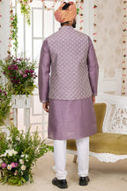 Purple Art Silk Kurta Pajama with Waistcoat Jacket for Men for Festivals & Wedding - Embroidery Work