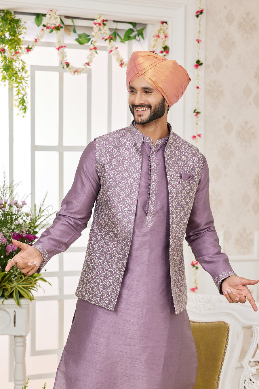 Purple Art Silk Kurta Pajama with Waistcoat Jacket for Men for Festivals & Wedding - Embroidery Work