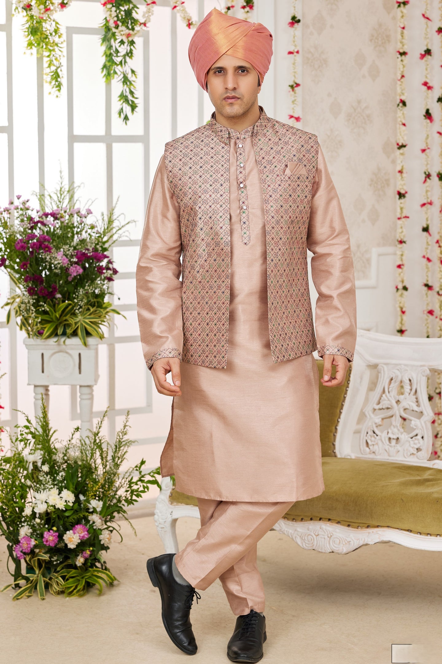 Blush Peach Art Silk Kurta Pajama with Waistcoat Jacket for Men for Festivals & Wedding - Embroidery Work
