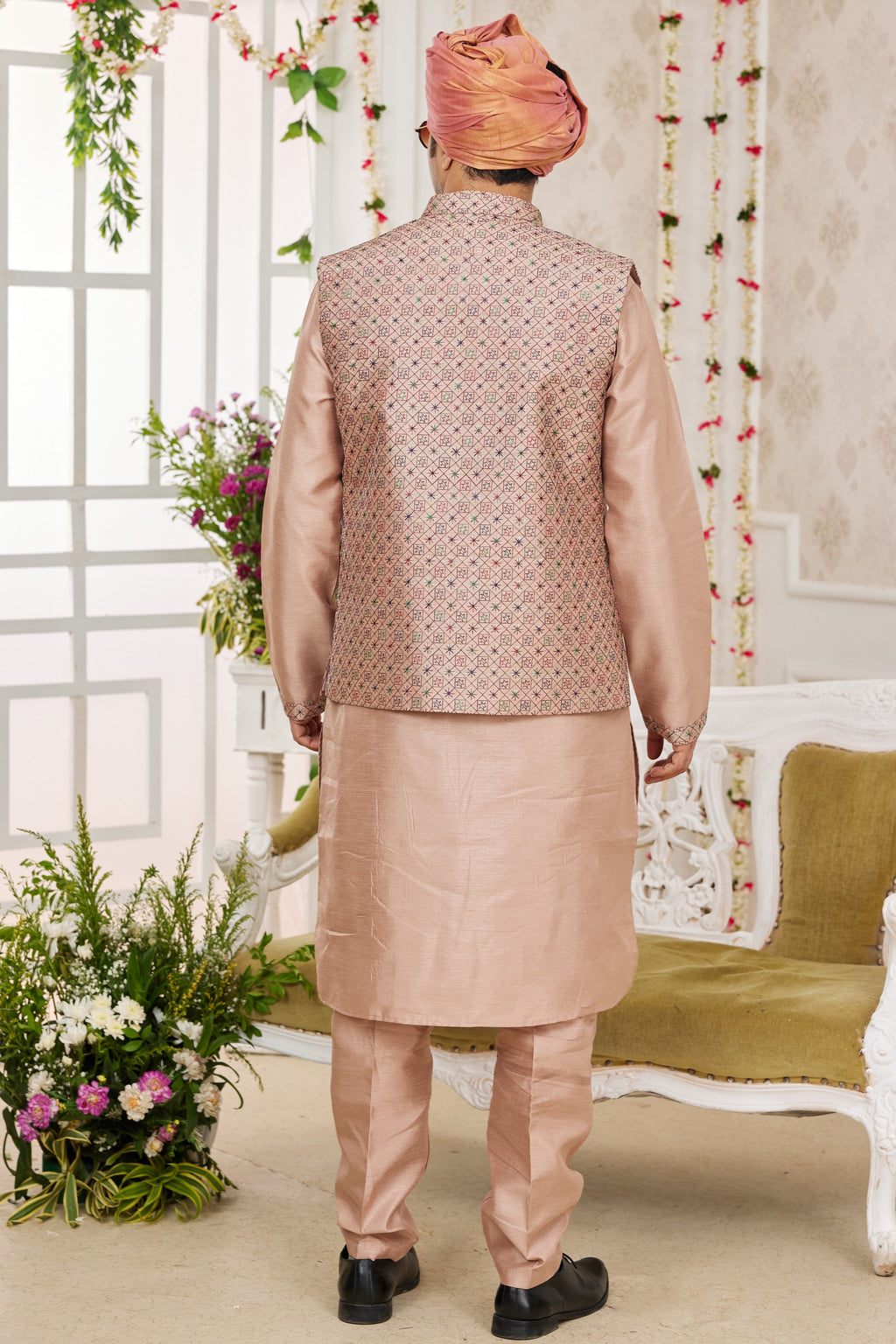 Blush Peach Art Silk Kurta Pajama with Waistcoat Jacket for Men for Festivals & Wedding - Embroidery Work
