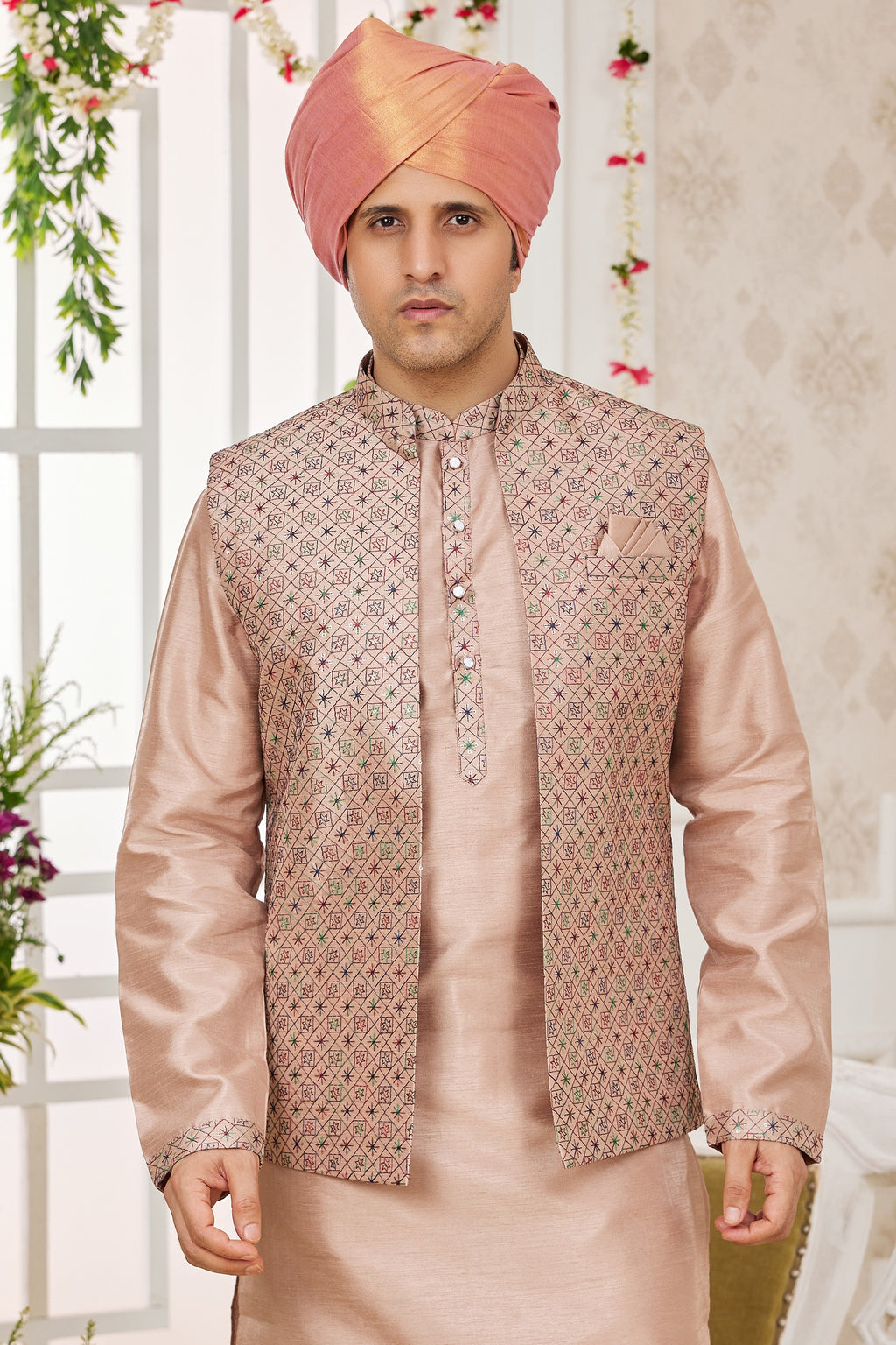 Blush Peach Art Silk Kurta Pajama with Waistcoat Jacket for Men for Festivals & Wedding - Embroidery Work