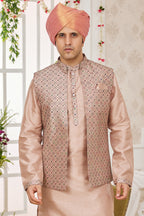 Blush Peach Art Silk Kurta Pajama with Waistcoat Jacket for Men for Festivals & Wedding - Embroidery Work
