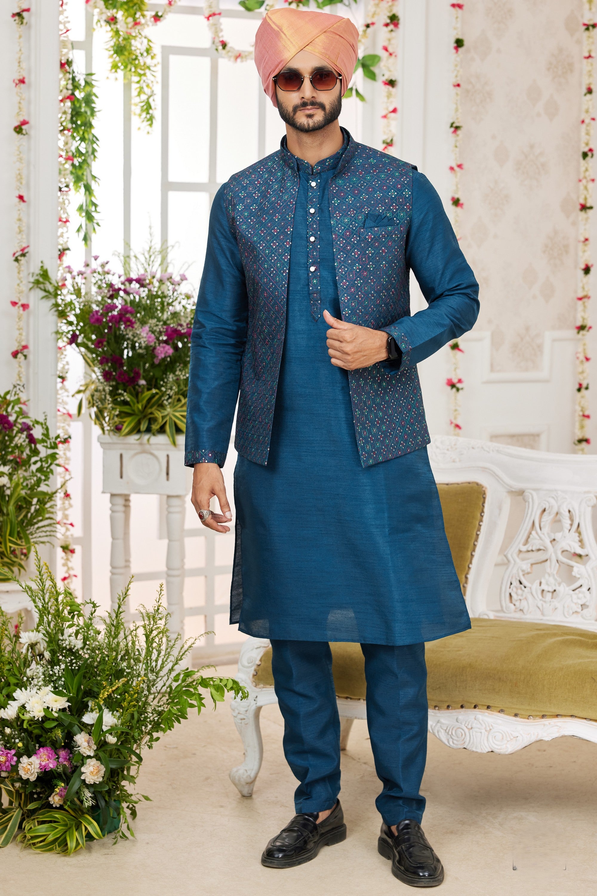 Navy Blue Art Silk Kurta Pajama with Waistcoat Jacket for Men for Festivals & Wedding - Embroidery Work