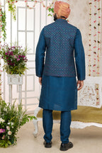Navy Blue Art Silk Kurta Pajama with Waistcoat Jacket for Men for Festivals & Wedding - Embroidery Work