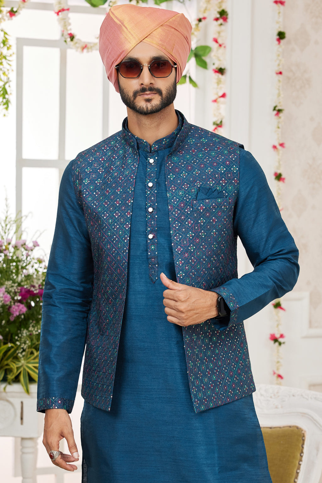 Navy Blue Art Silk Kurta Pajama with Waistcoat Jacket for Men for Festivals & Wedding - Embroidery Work