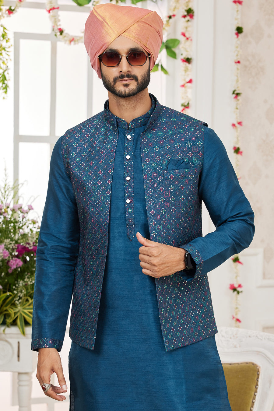 Navy Blue Art Silk Kurta Pajama with Waistcoat Jacket for Men for Festivals & Wedding - Embroidery Work