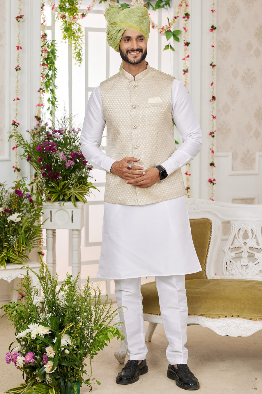 White Art Silk Kurta Pajama with Waistcoat Jacket for Men for Festivals & Wedding - Embroidery Work