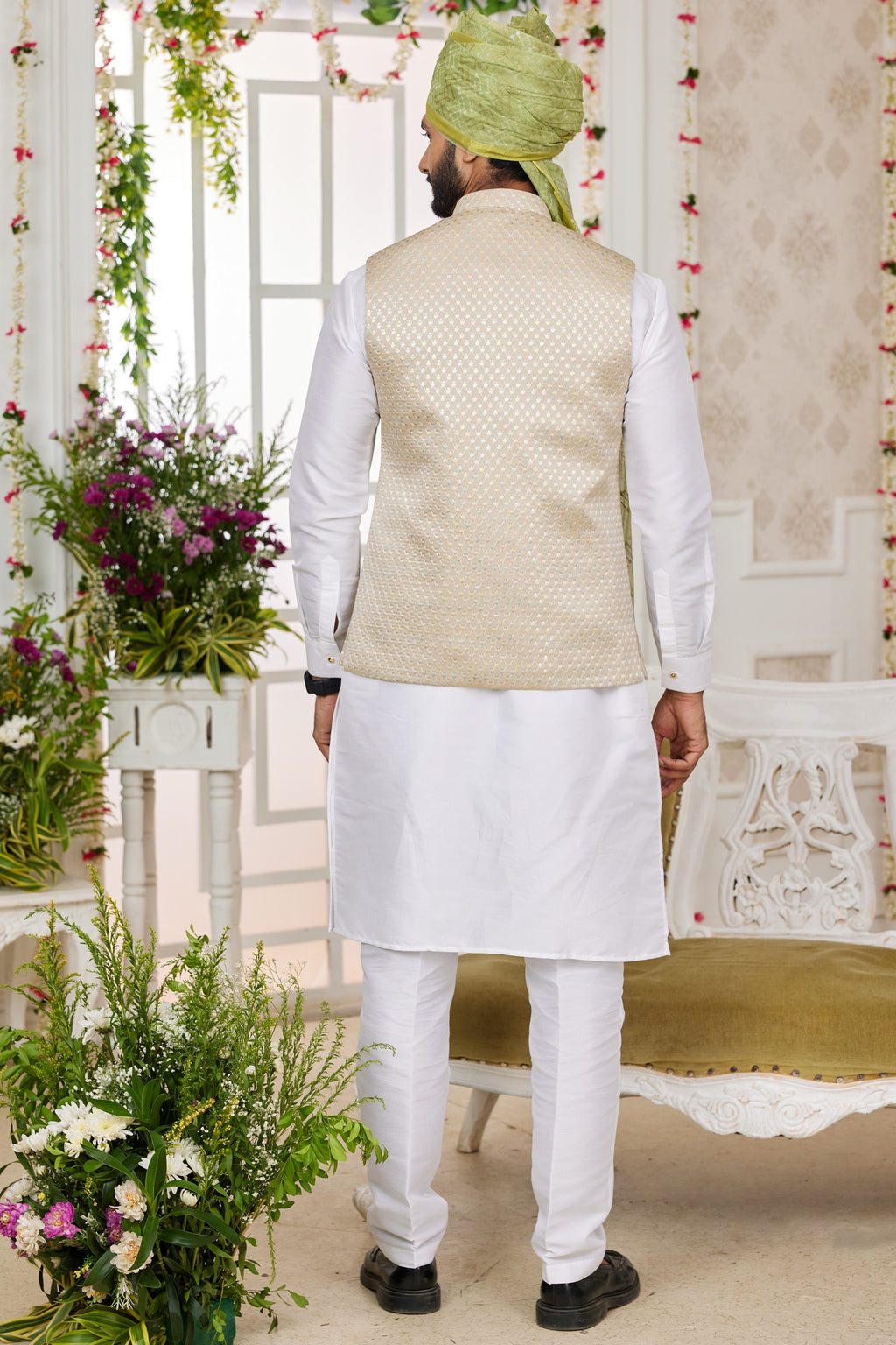 White Art Silk Kurta Pajama with Waistcoat Jacket for Men for Festivals & Wedding - Embroidery Work