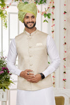 White Art Silk Kurta Pajama with Waistcoat Jacket for Men for Festivals & Wedding - Embroidery Work