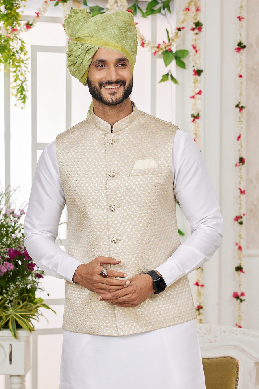 White Art Silk Kurta Pajama with Waistcoat Jacket for Men for Festivals & Wedding - Embroidery Work