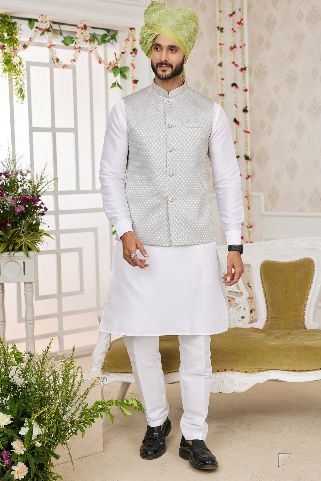Silver White Art Silk Kurta Pajama with Waistcoat Jacket for Men for Festivals & Wedding - Embroidery Work