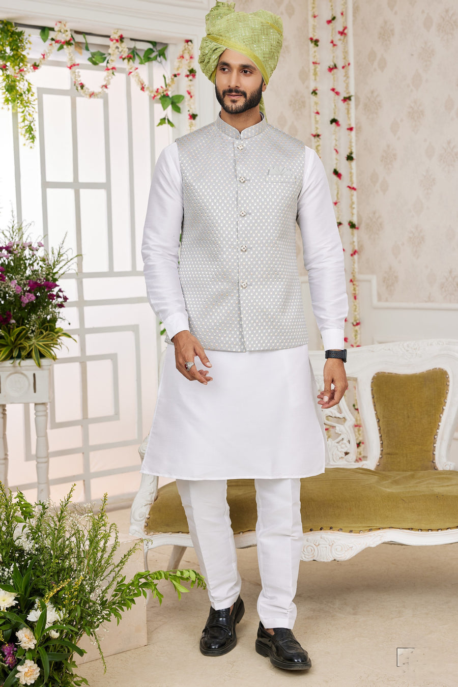 Silver White Art Silk Kurta Pajama with Waistcoat Jacket for Men for Festivals & Wedding - Embroidery Work