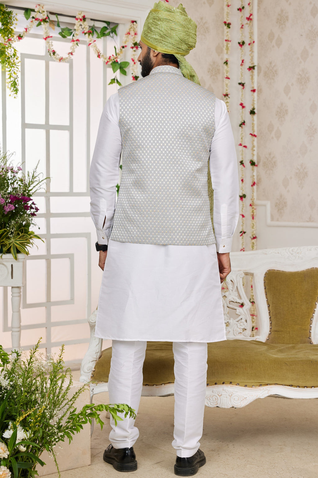 Silver White Art Silk Kurta Pajama with Waistcoat Jacket for Men for Festivals & Wedding - Embroidery Work