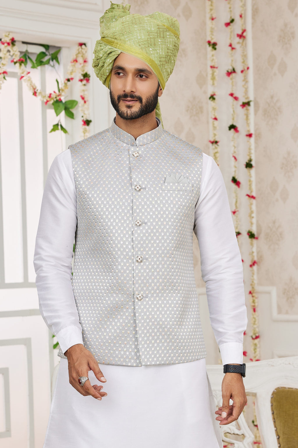 Silver White Art Silk Kurta Pajama with Waistcoat Jacket for Men for Festivals & Wedding - Embroidery Work