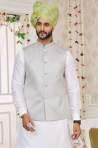 Silver White Art Silk Kurta Pajama with Waistcoat Jacket for Men for Festivals & Wedding - Embroidery Work