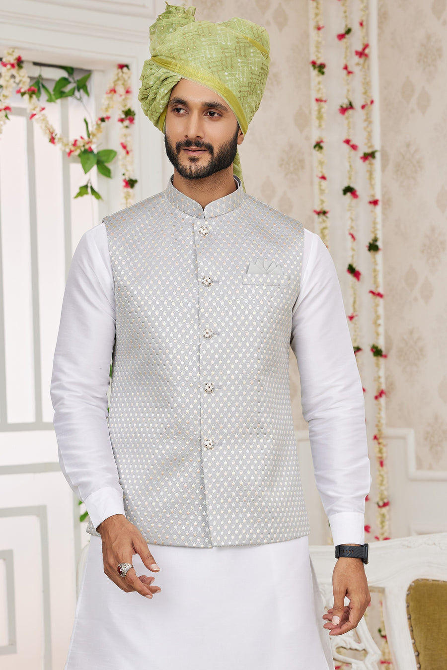 Silver White Art Silk Kurta Pajama with Waistcoat Jacket for Men for Festivals & Wedding - Embroidery Work