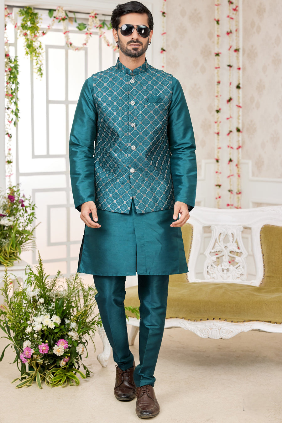 Teal Art Silk Kurta Pajama with Waistcoat Jacket for Men for Festivals & Wedding - Embroidery Work