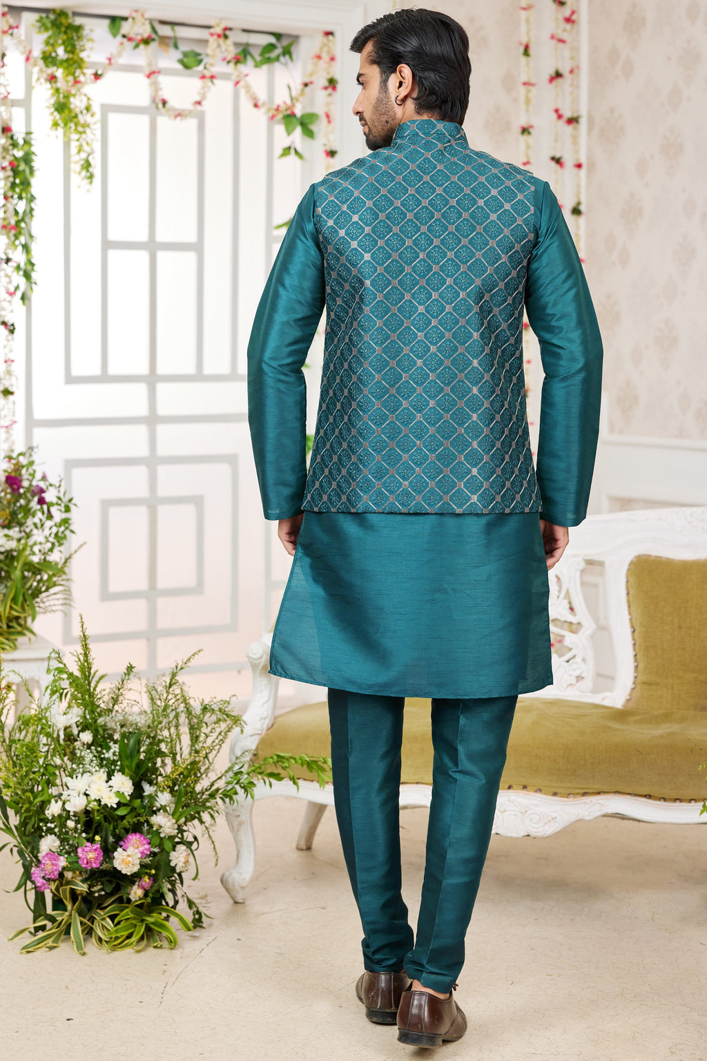 Teal Art Silk Kurta Pajama with Waistcoat Jacket for Men for Festivals & Wedding - Embroidery Work